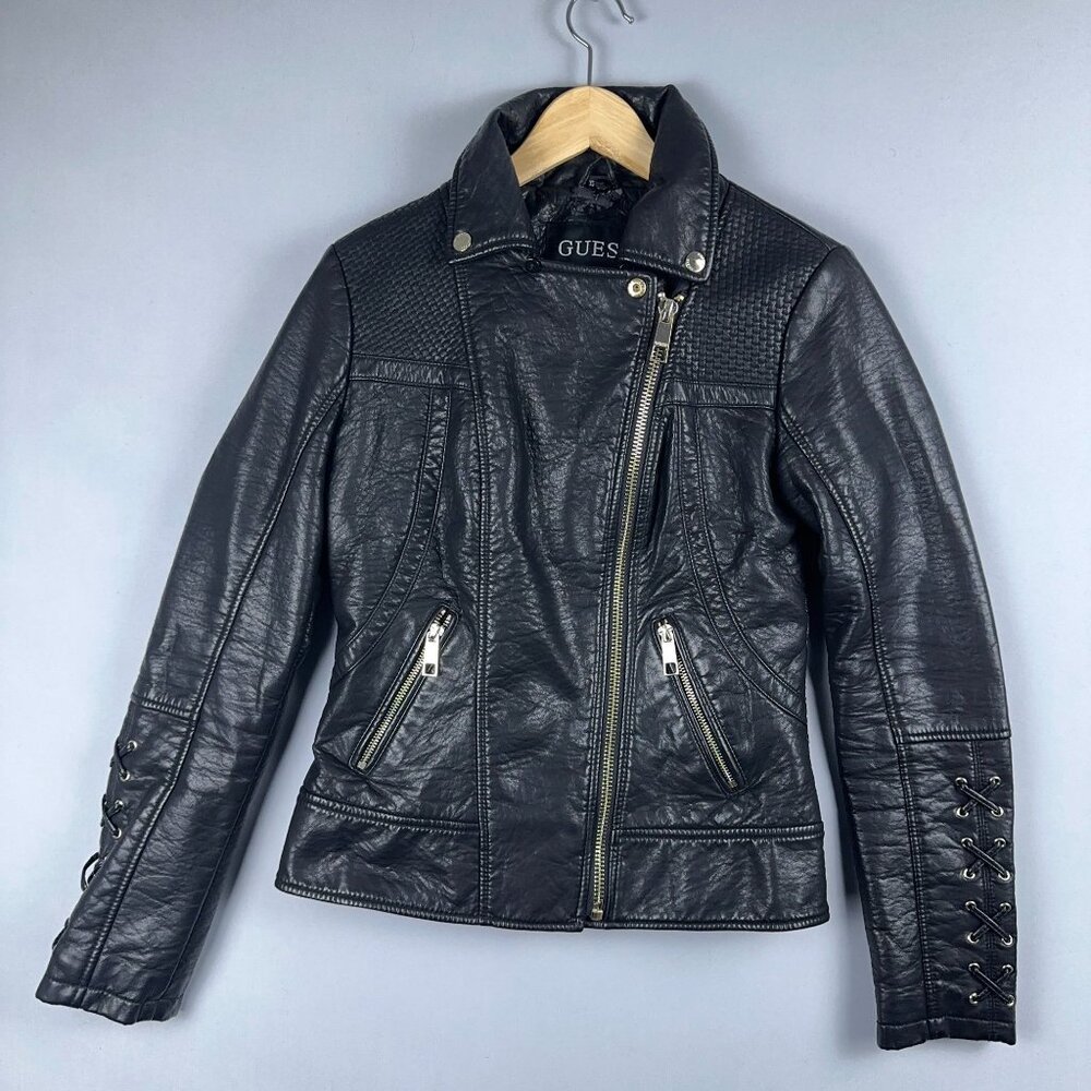 GUESS Leather Moto Biker Jacket Womens Size X Small Lace Up Sleeves Black